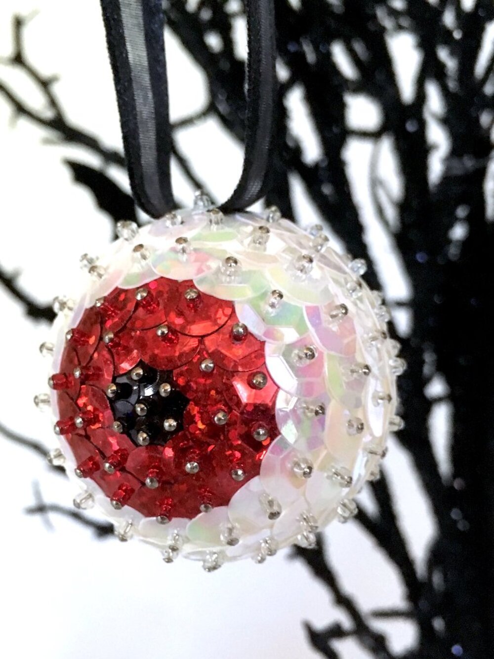 Christmas Eyeball Ornament Glam Sparkle Sequin Beaded Halloween OOAK Red Curio